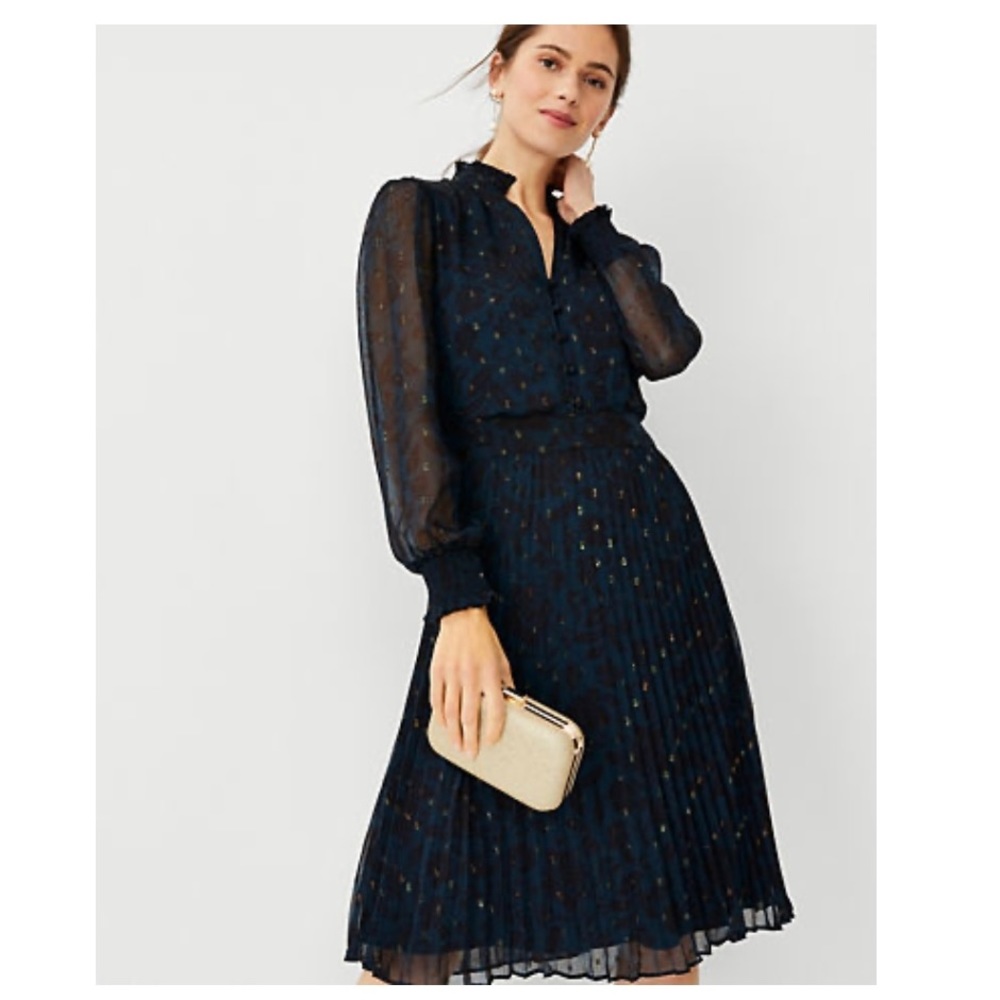 Ann Taylor Petite Floral Ruffle Pleated Flare Dress